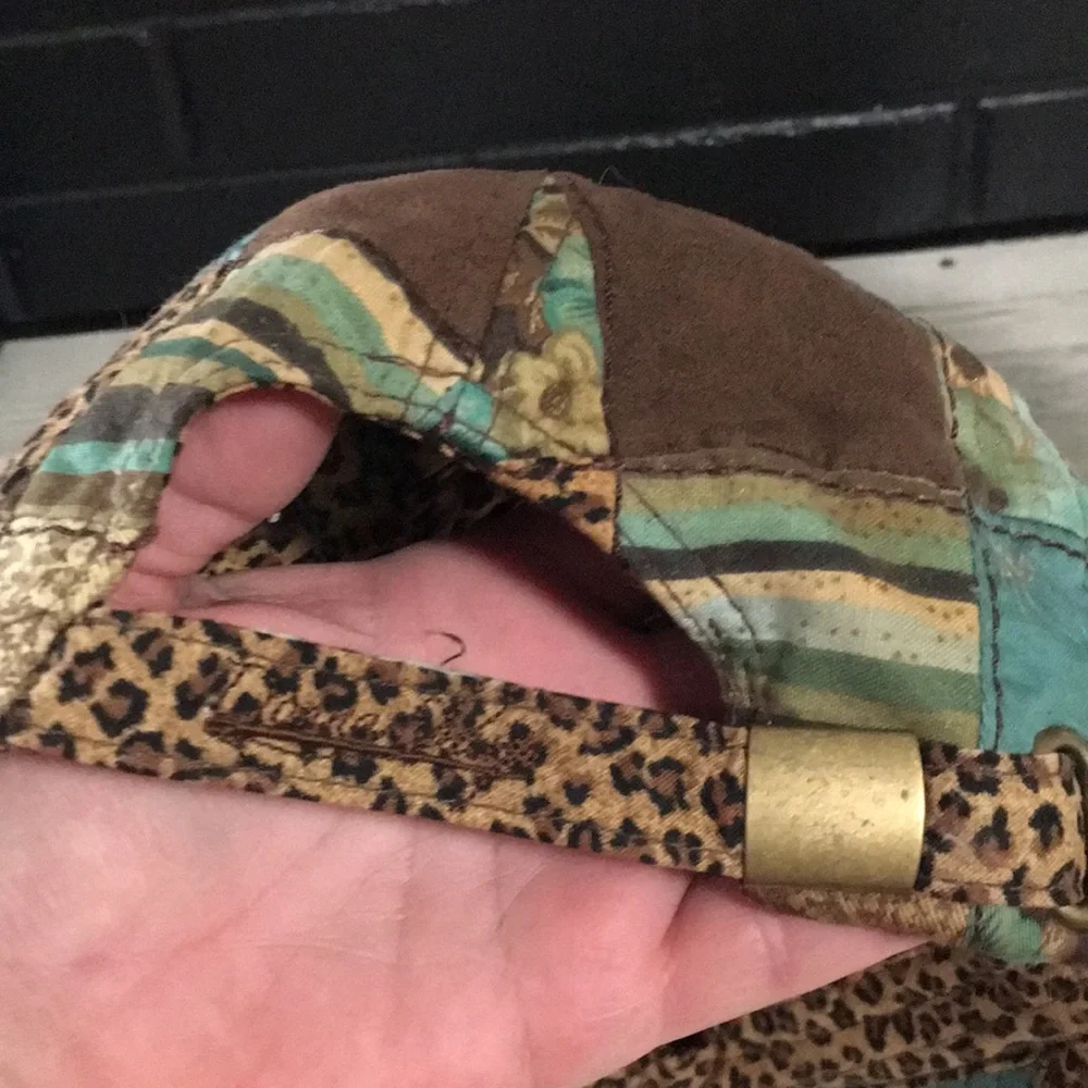 Patchwork teal brown cream adjustable back floral animal print ballcap